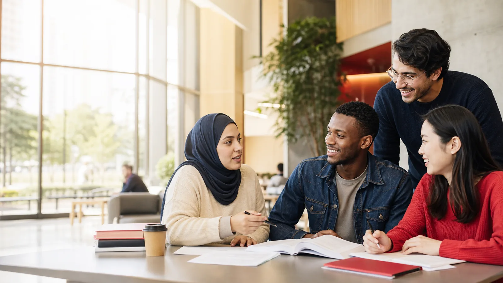 A diverse group of adult international students discussing their studies in a modern Canadian campus setting.