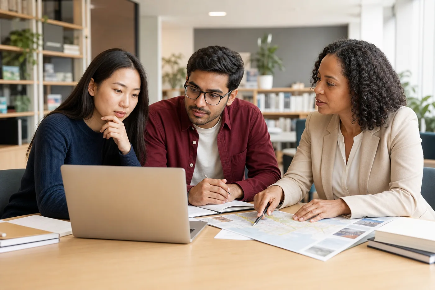 Two adult students and an education adviser comparing French-language post-secondary study options.