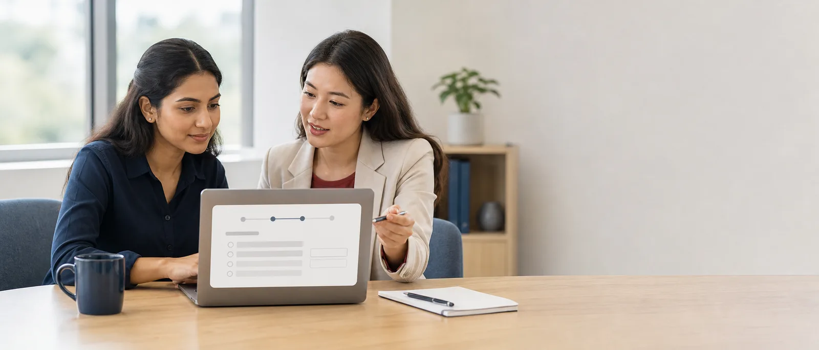 A prospective international student completing an online preliminary questionnaire with an education adviser.