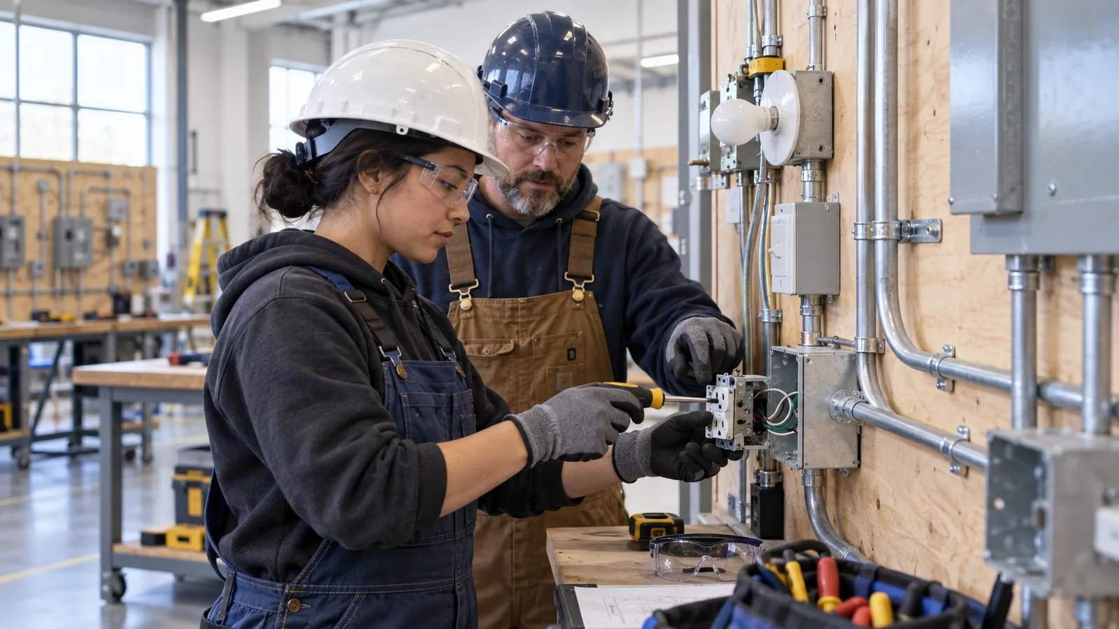 Electrical apprentice receiving supervised hands-on training in a Canadian workshop