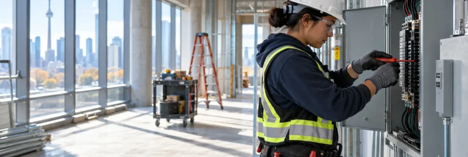 Electrician working on an electrical panel in a Canadian commercial building with the Toronto skyline in the background