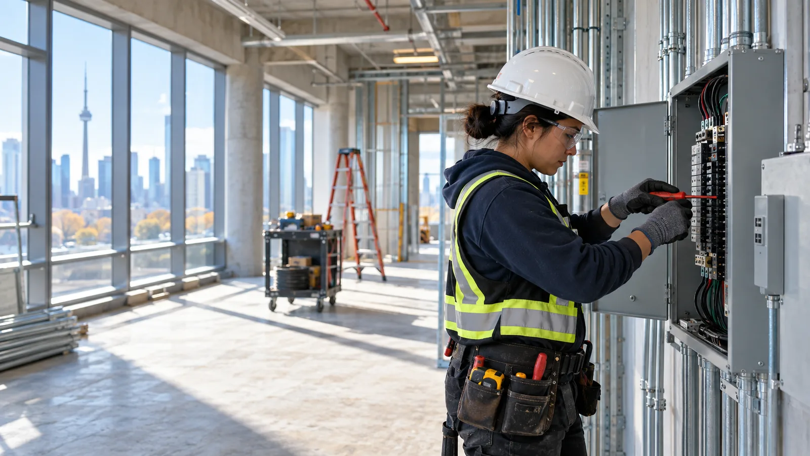 Electrician working on an electrical panel in a Canadian commercial building with the Toronto skyline in the background