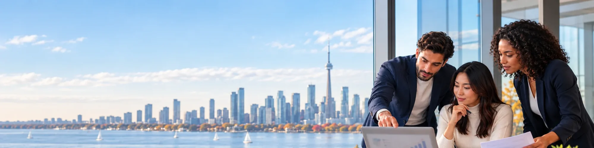 Three skilled professionals reviewing Express Entry changes with the Toronto skyline in the background