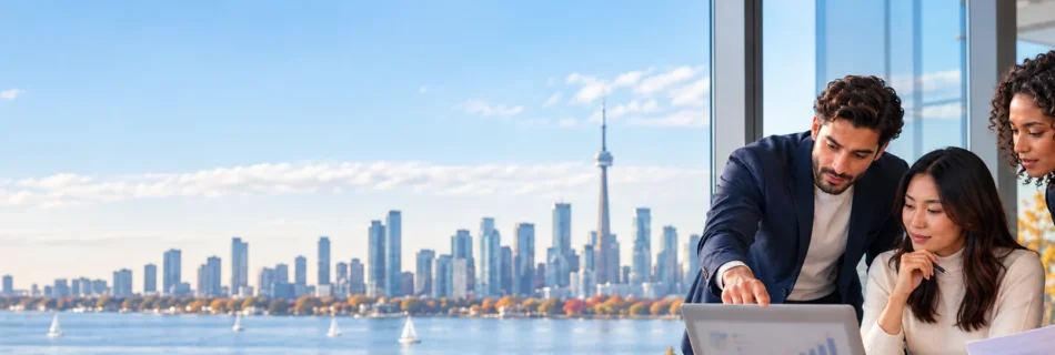 Three skilled professionals reviewing Express Entry changes with the Toronto skyline in the background